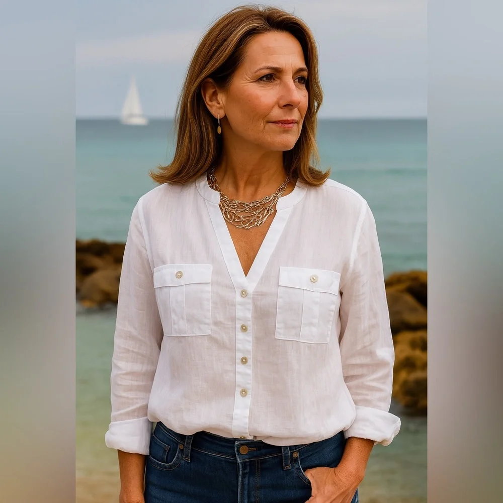 Isaac Mizrahi 100% Linen Blouse V Neck Button Up White Medium M - Picture 11 of 11